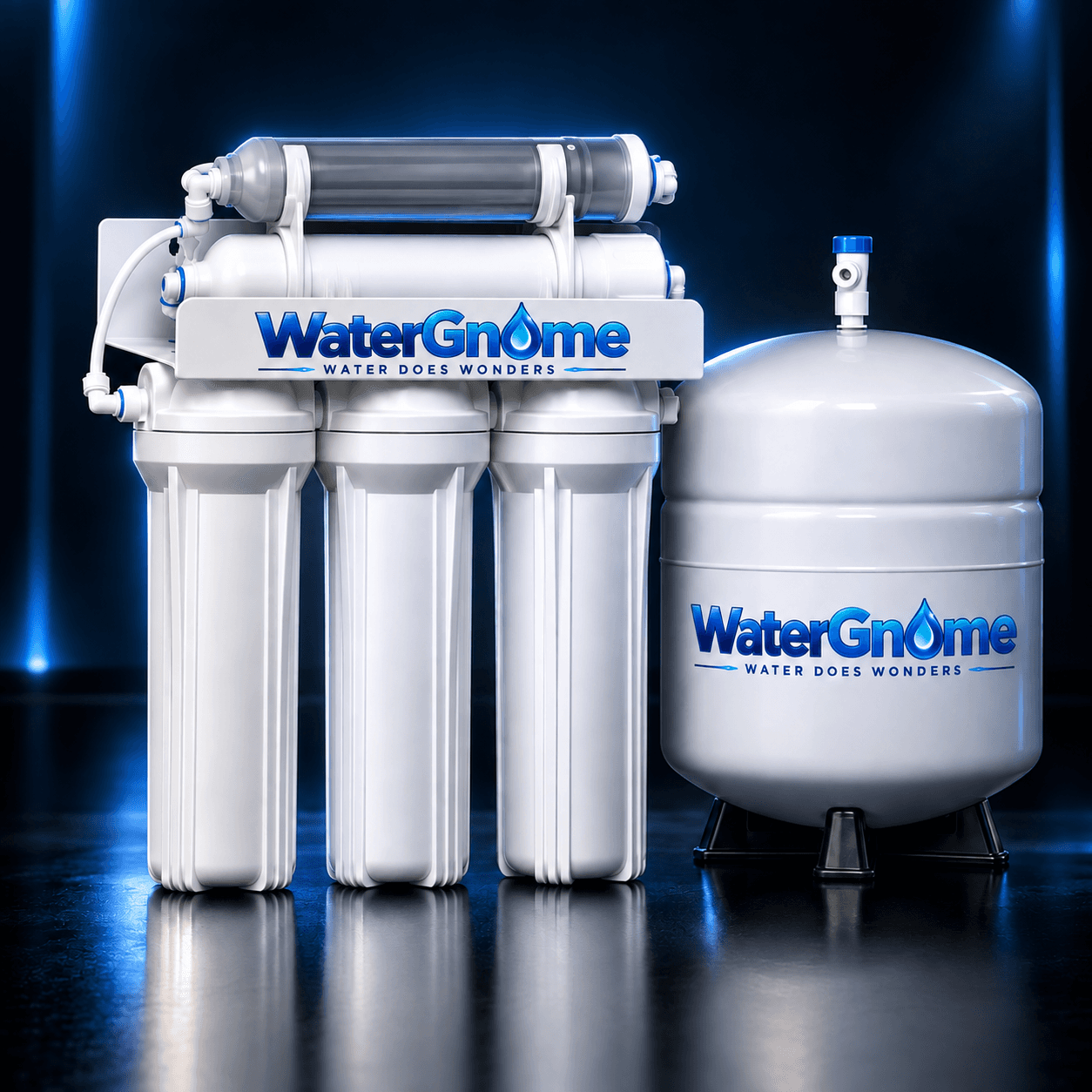 WaterGnome 5-Stage Reverse Osmosis system with filter housings and storage tank